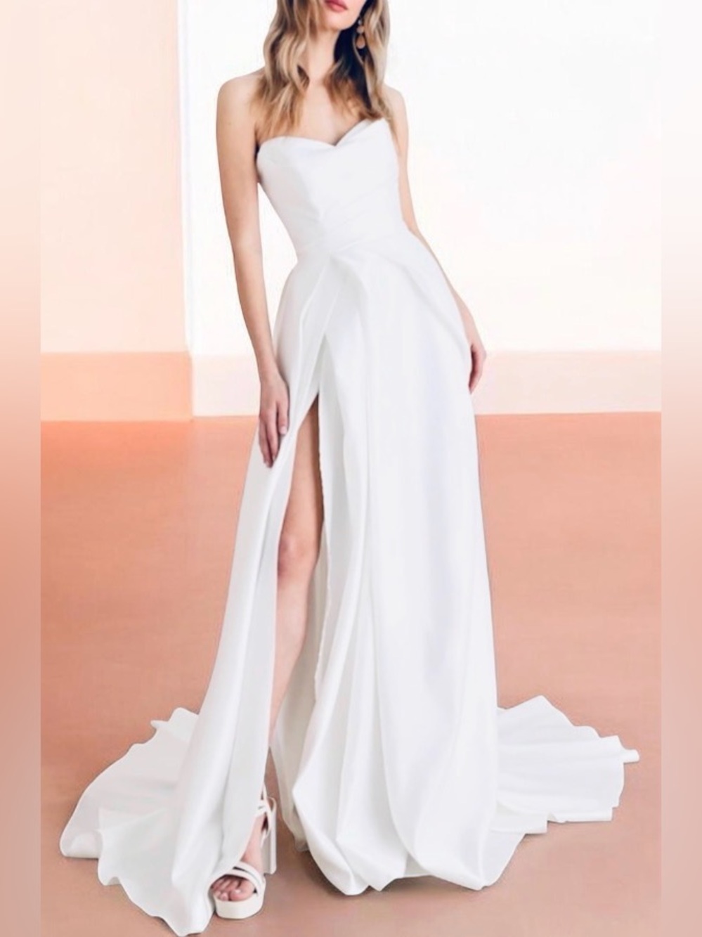 Lulus wedding dress. White satin strapless, A-silhouette, front slit, padded. 8